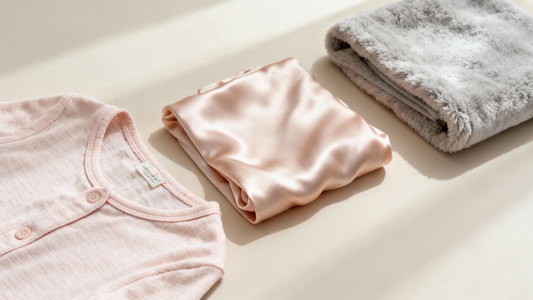 Three soft folded items: a pink baby pajama, champagne satin fabric, and a grey faux fur blanket.