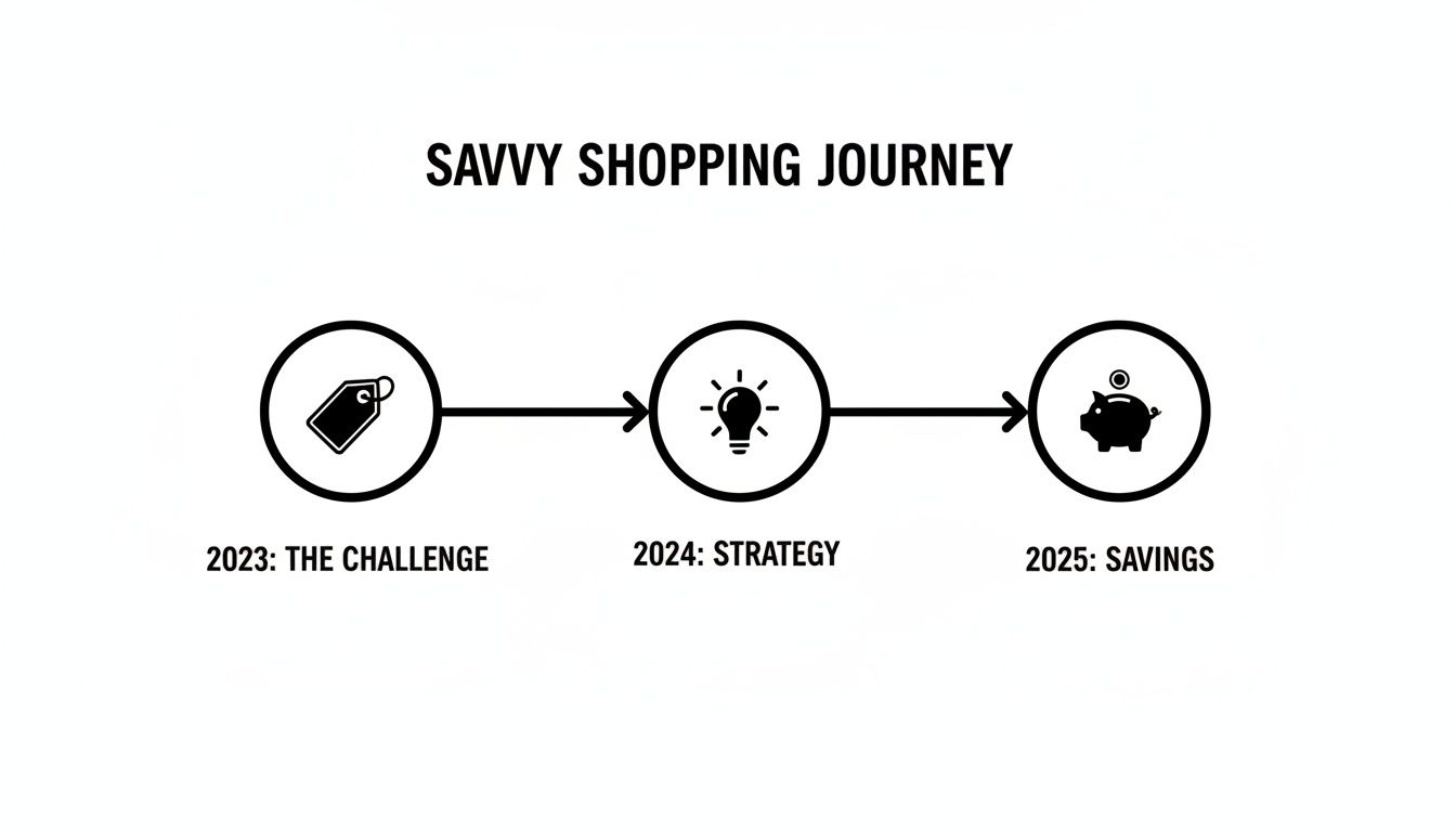 Infographic illustrating a savvy shopping journey timeline from challenge to strategy and savings.