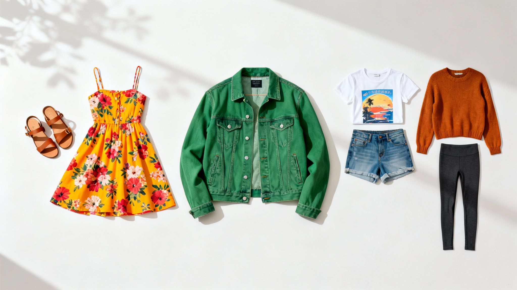 Flat lay of diverse clothing: yellow floral dress, green denim jacket, graphic tee, shorts, sweater, leggings.