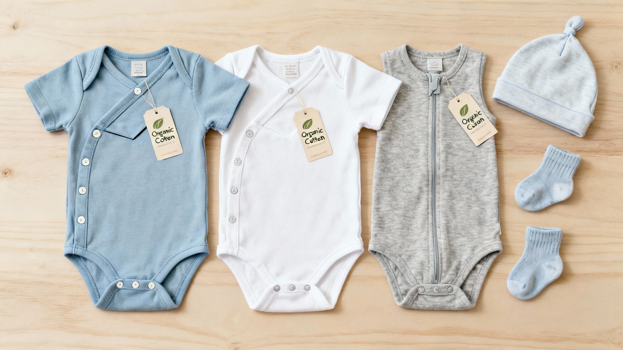 Three organic cotton baby bodysuits (blue, white, grey), hat, and socks on a wooden background.