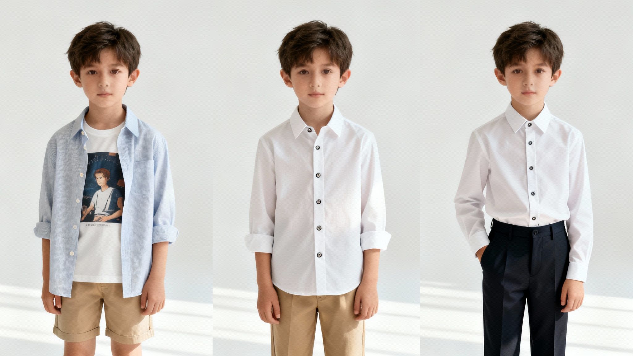 Three young boys modeling different outfits with button-down shirts and varied bottoms, showcasing versatile children's fashion.