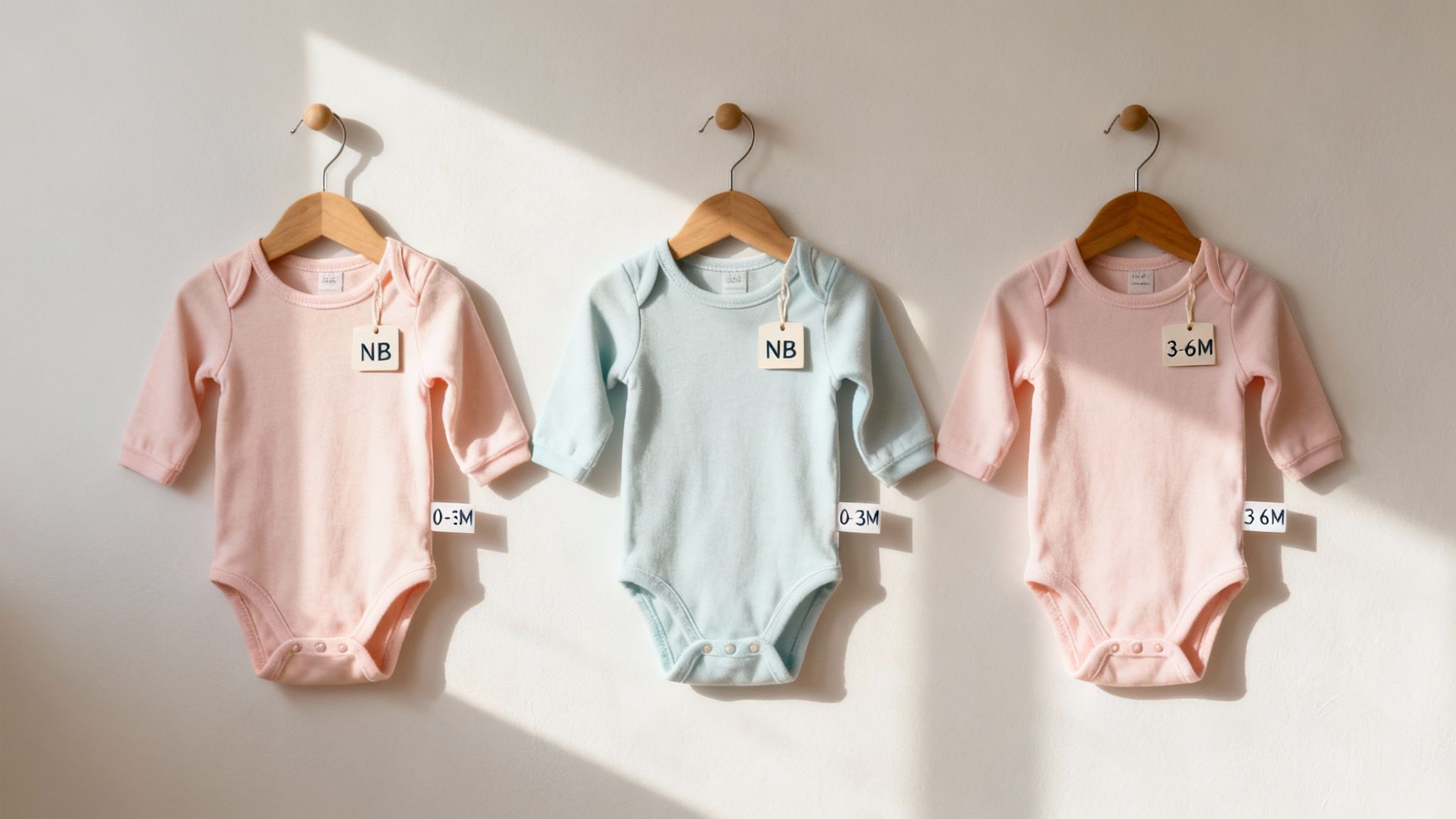 Three long-sleeved baby onesies in pink and blue, displaying different sizes, hanging on a white wall.