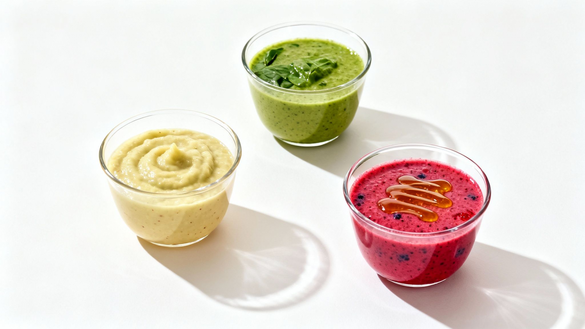 Three vibrant smoothies: green with spinach, yellow, and red with berries and honey, on white.