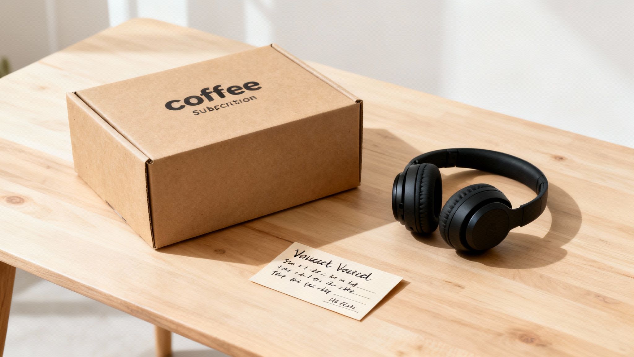 Coffee subscription box with black headphones and handwritten note on wooden table