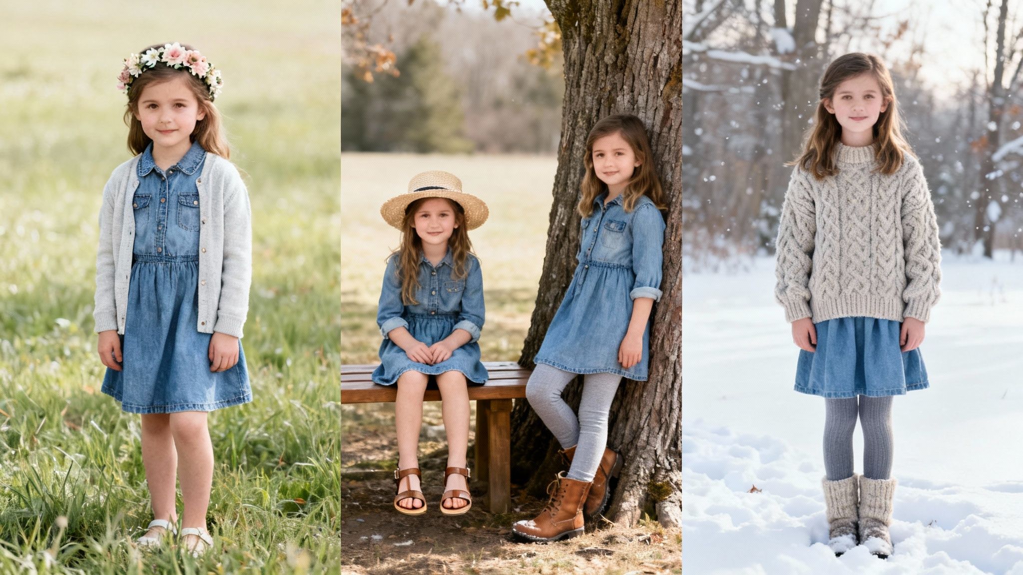 Three young girls model versatile chambray dresses in spring, autumn, and winter settings.