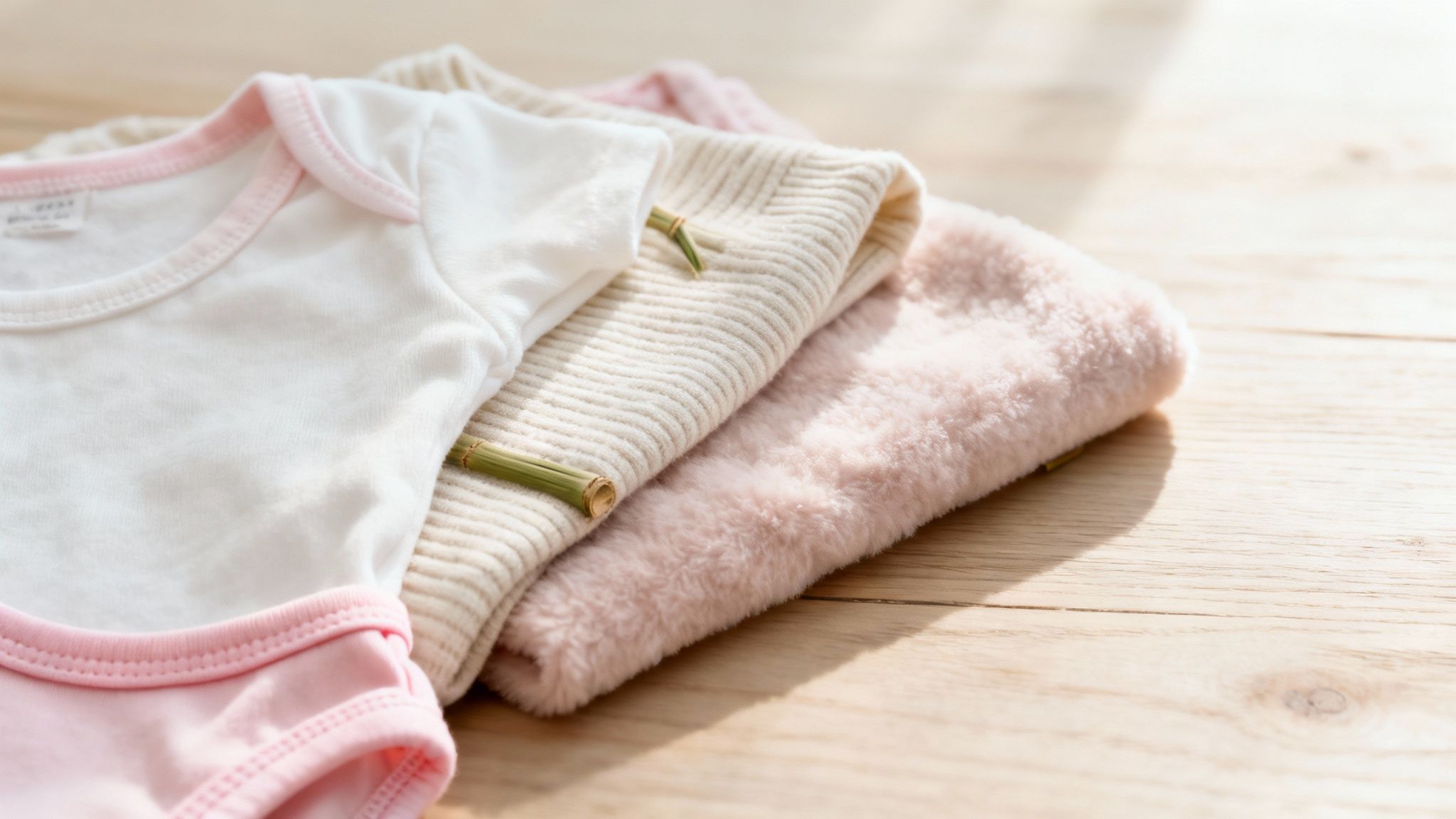 Neatly folded stack of baby girl clothing including a white bodysuit, a beige sweater, and a soft pink blanket.