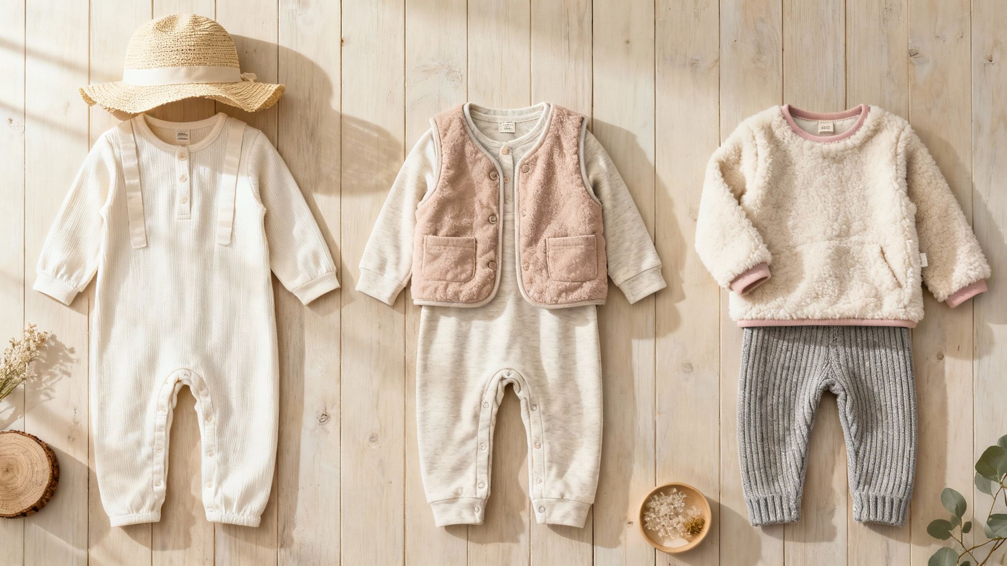 Three adorable baby outfits, including long-sleeve onesies, a fuzzy vest, and a sweater with pants, displayed on a light wooden background.
