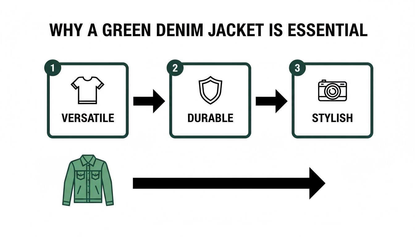 Infographic illustrating the essential qualities of a green denim jacket: versatility, durability, and style.