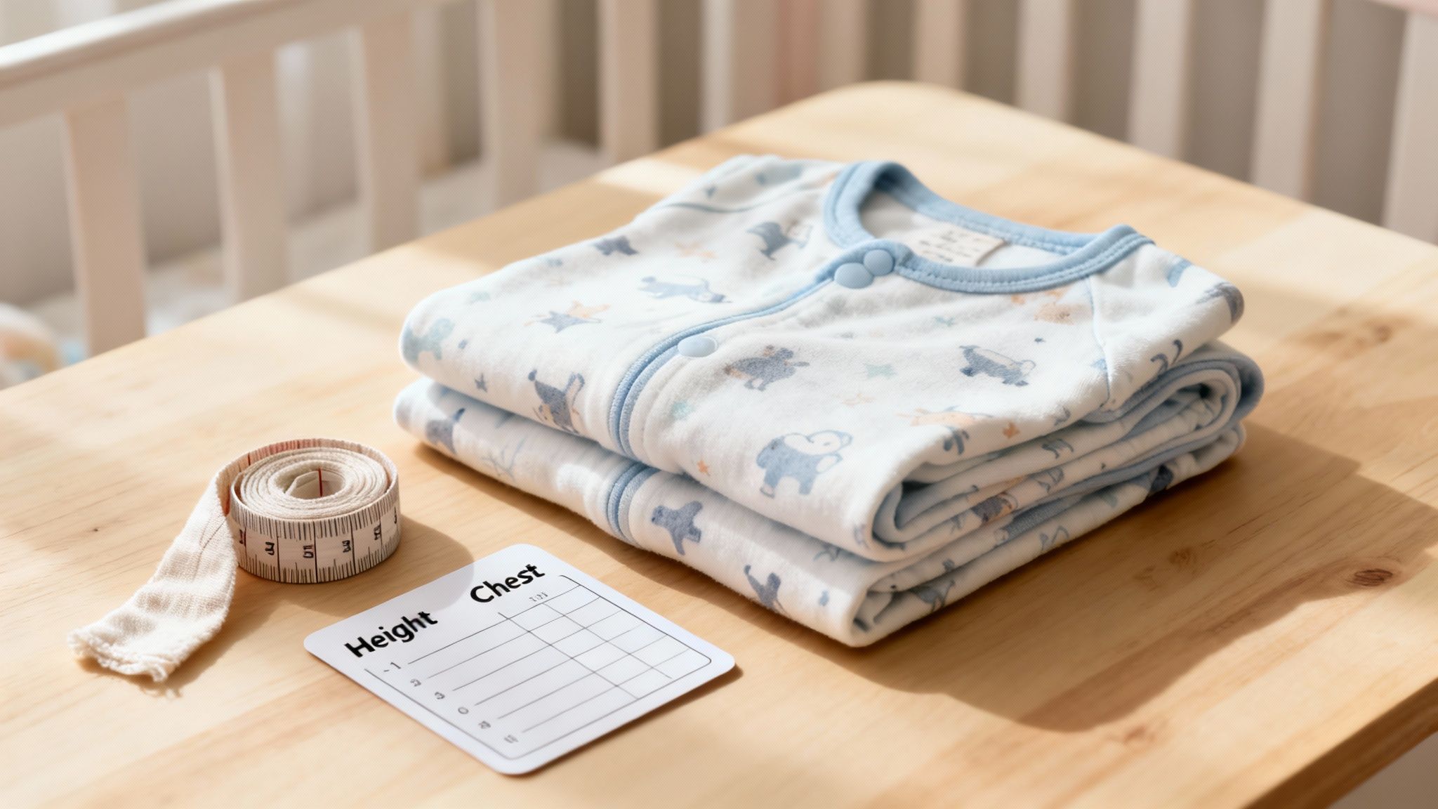 Soft blue baby pajamas with animal prints, a measuring tape, and a growth chart on a wooden table.