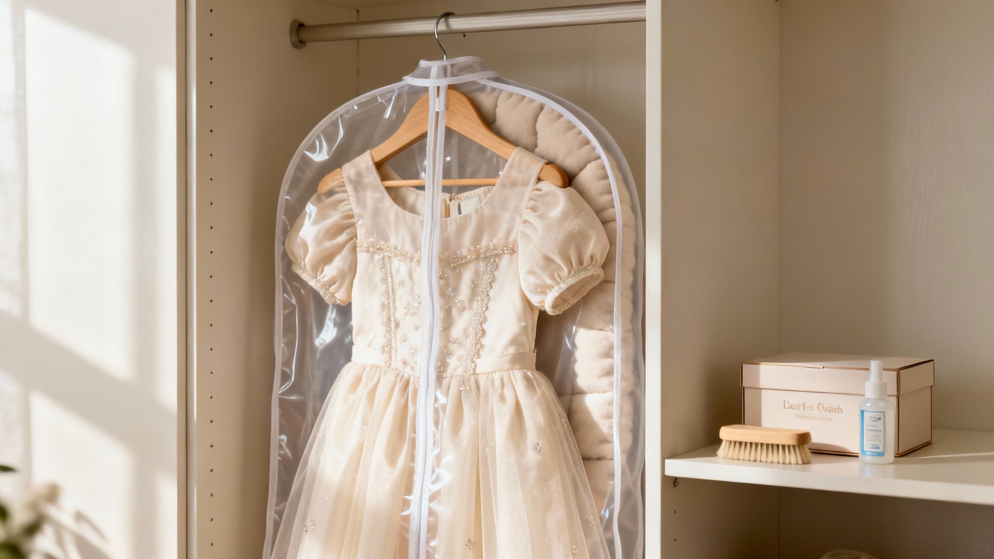 A delicate beige children's formal dress in a clear garment bag hangs inside a bright closet.