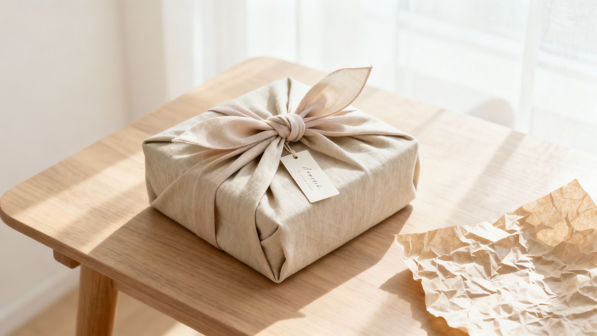 Elegant fabric-wrapped gift box with a bow and tag on a sunlit wooden surface.