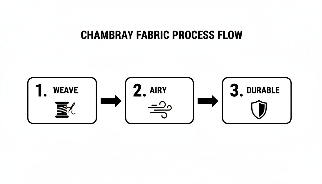 Flowchart showing the chambray fabric process: weave, airy, and durable characteristics.