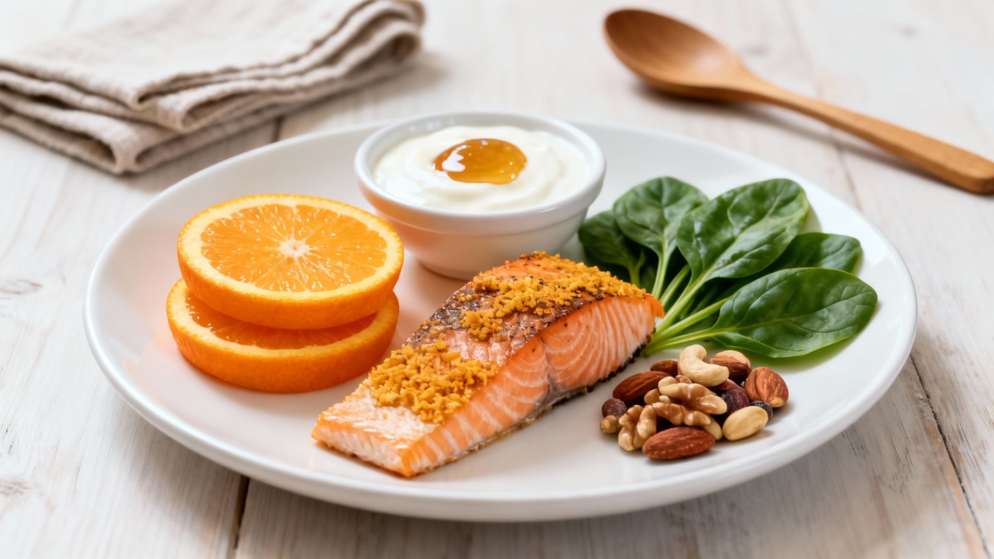 A healthy meal with baked salmon, fresh spinach, orange slices, yogurt, and mixed nuts on a white plate.