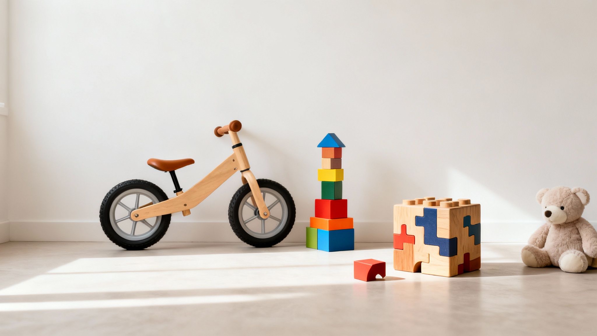 Various wooden and colorful toys in a bright room, including a bike, blocks, and teddy bear.