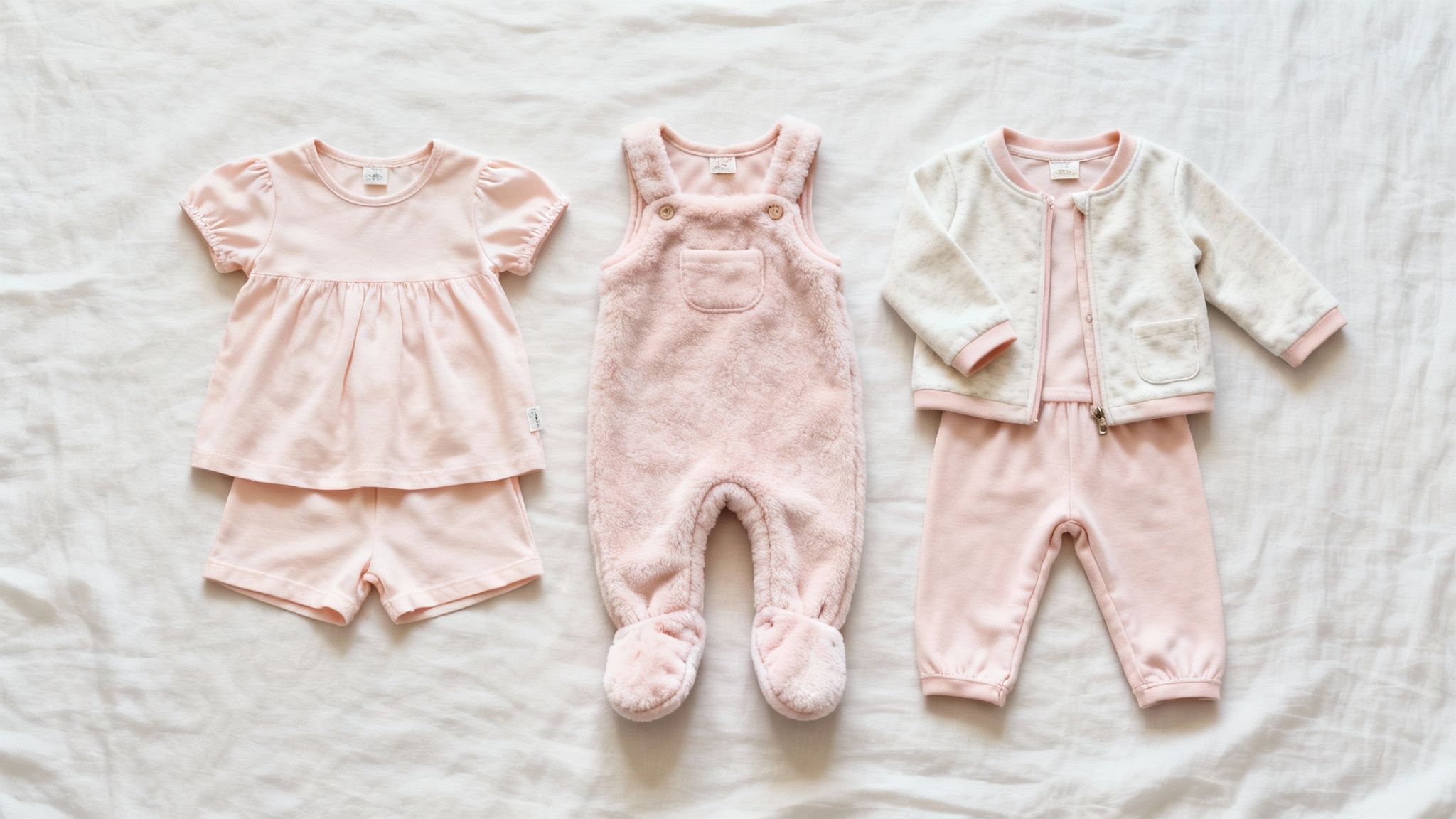 Three adorable sets of pink baby girl outfits, including a romper and sleepwear, laid on white fabric.