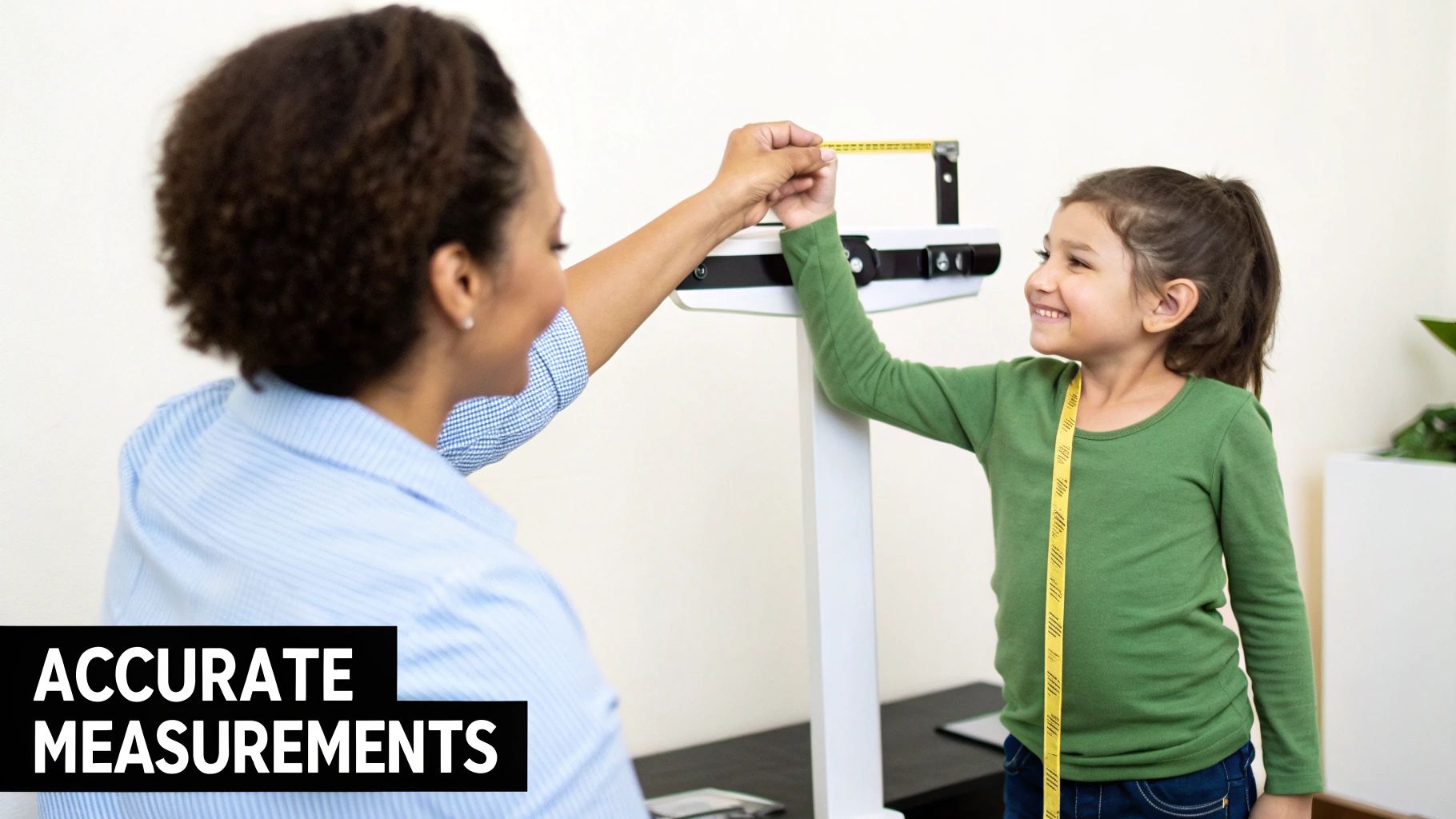 A parent using a soft measuring tape to measure their child's height against a wall