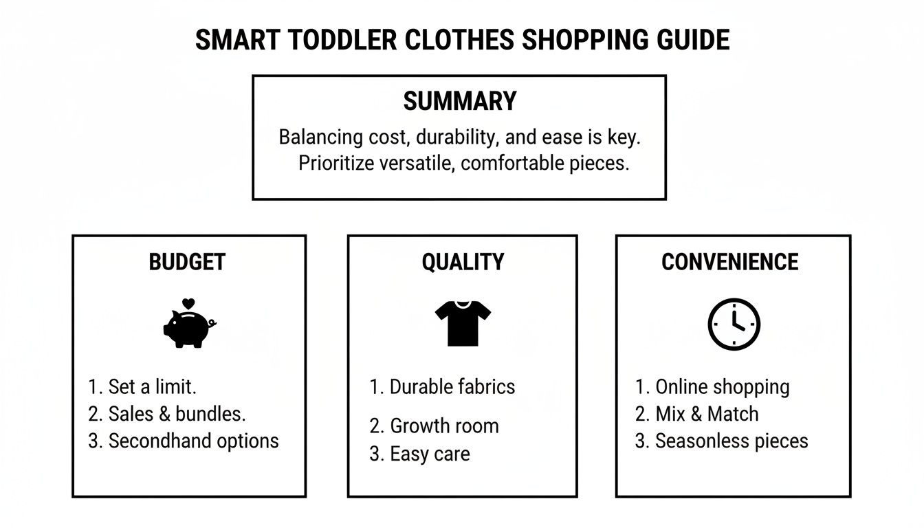 A smart toddler clothes shopping guide outlining budget, quality, and convenience tips for parents.