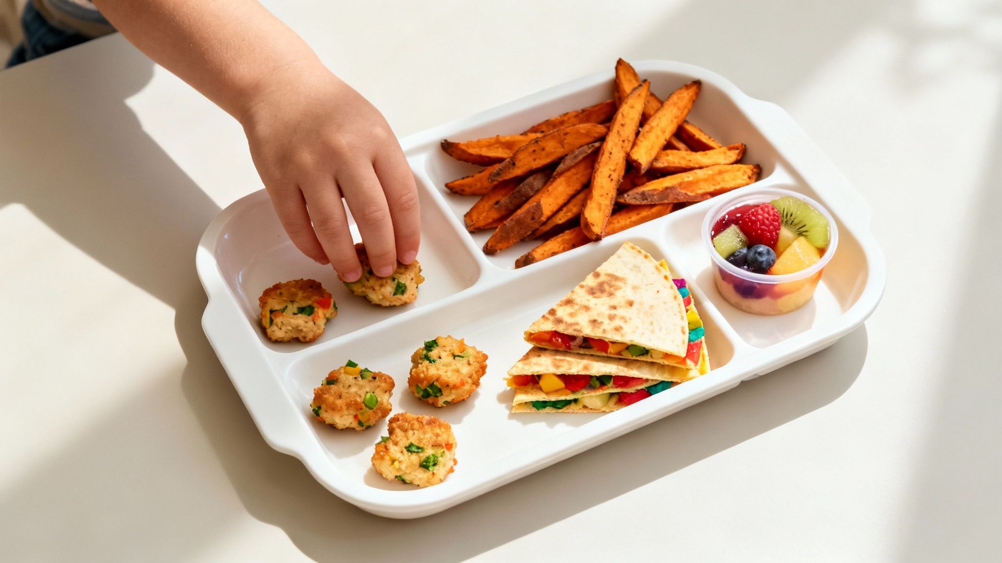 A child's hand picks a mini patty from a divided plate with sweet potato fries, quesadillas, and fruit.