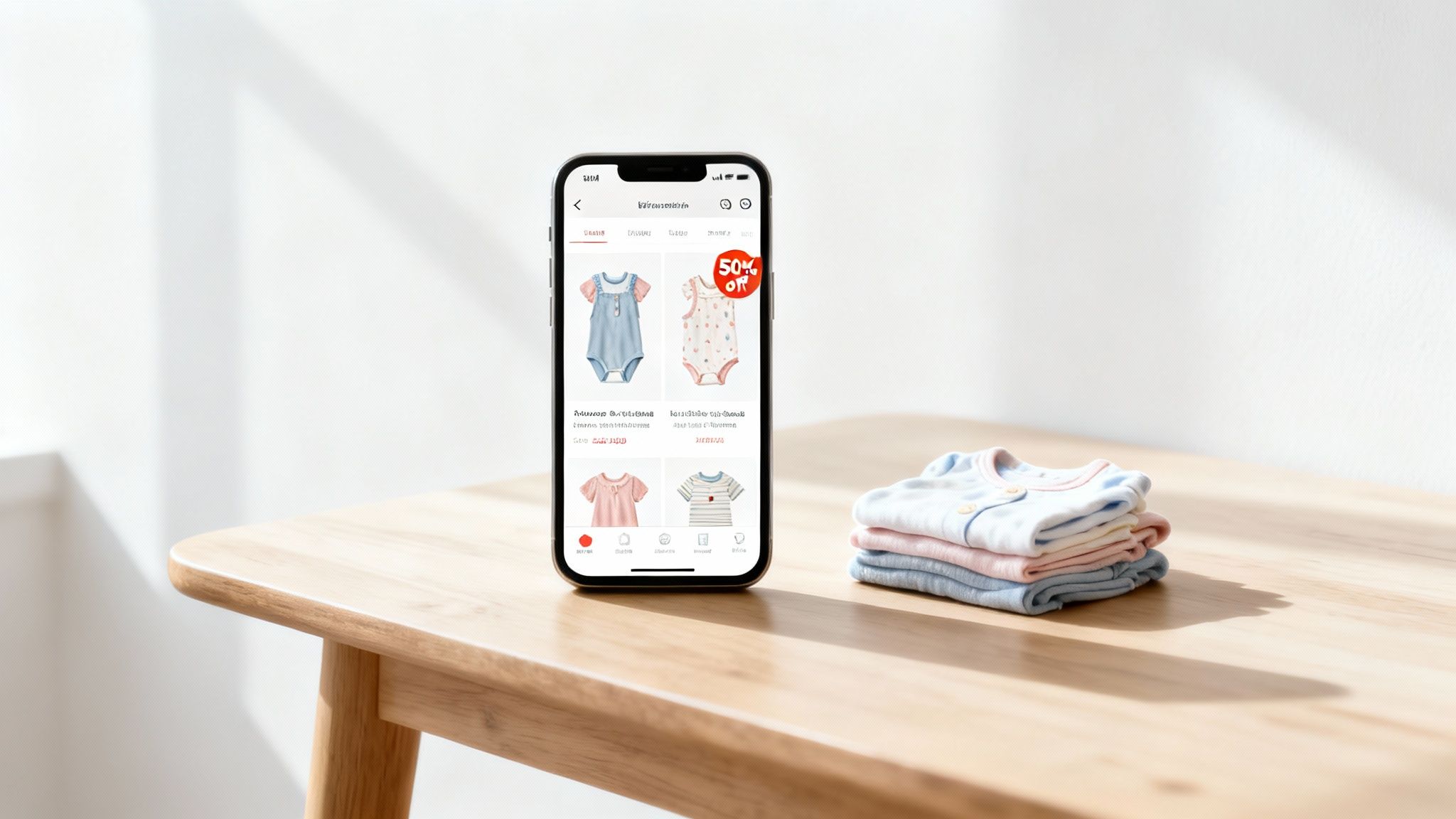 A smartphone on a wooden table showing an app with cute baby clothes, alongside a stack of pastel-colored garments.