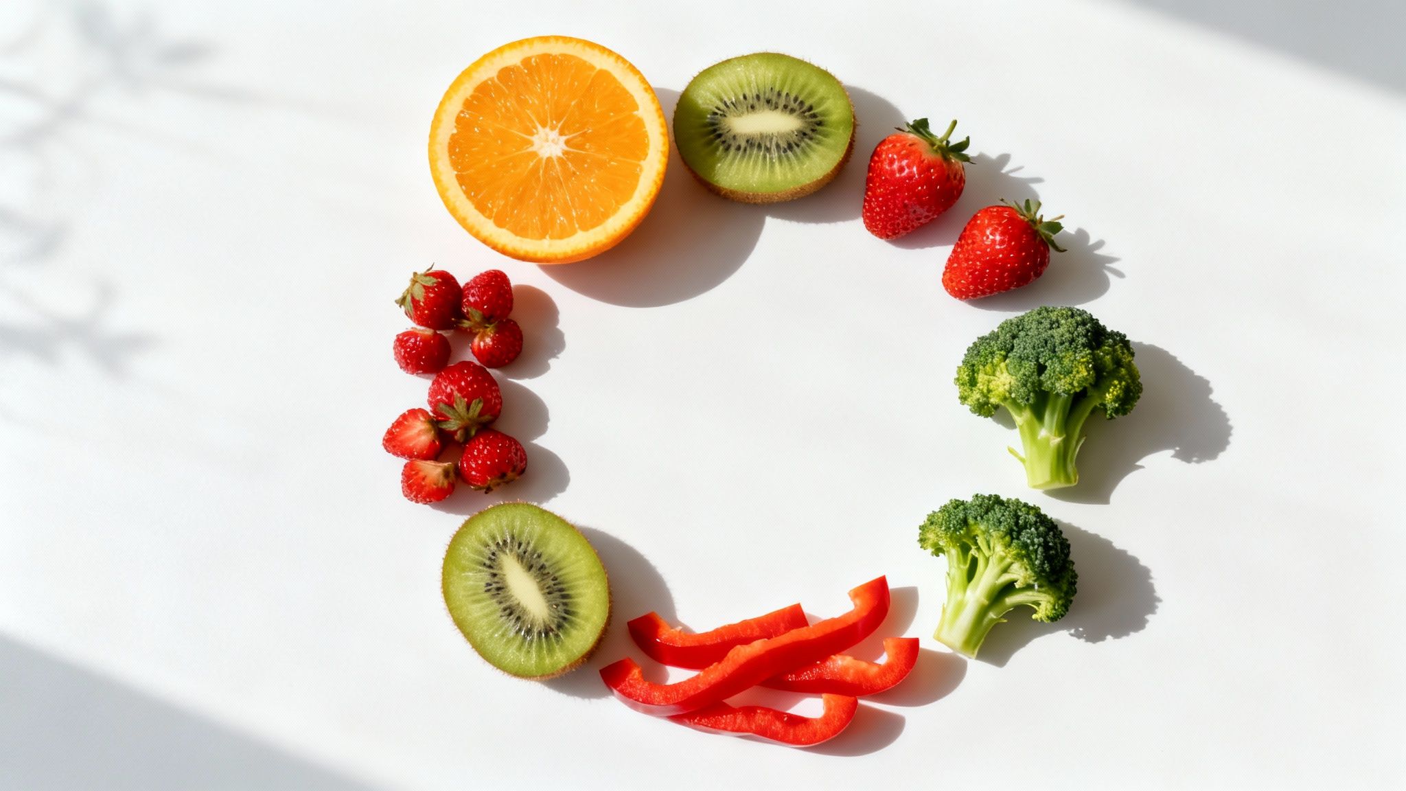 A circular arrangement of colorful fruits and vegetables rich in Vitamin C on white background.