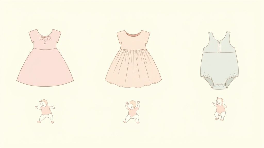 A smiling baby girl in a colorful A-line spring dress, sitting on a blanket in a park.