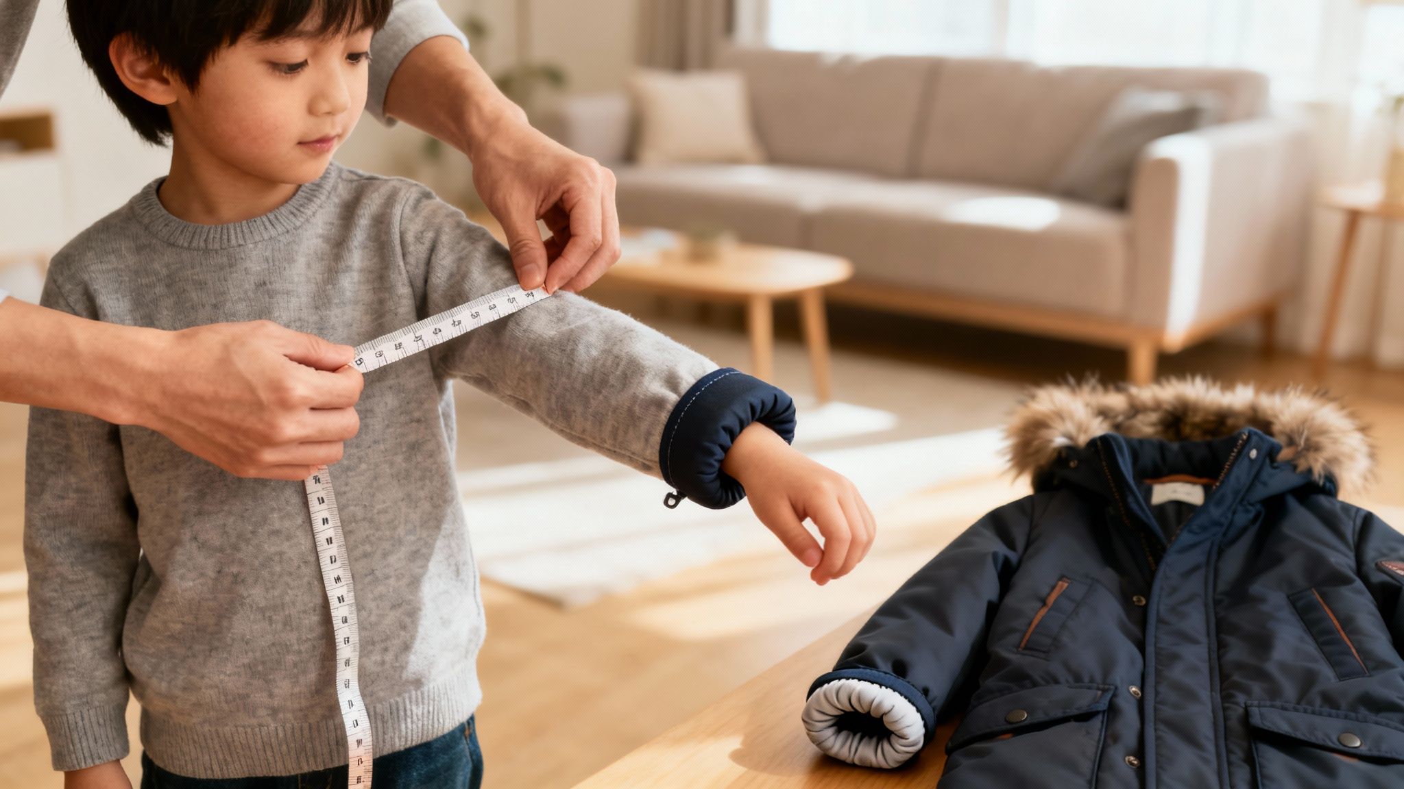 An adult measures a young boy's arm with a tape measure for a new winter coat.