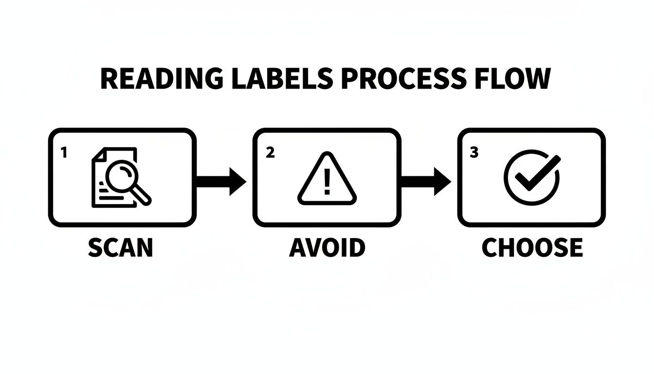 A three-step process flow for reading labels: Scan, Avoid, and Choose, with corresponding icons.