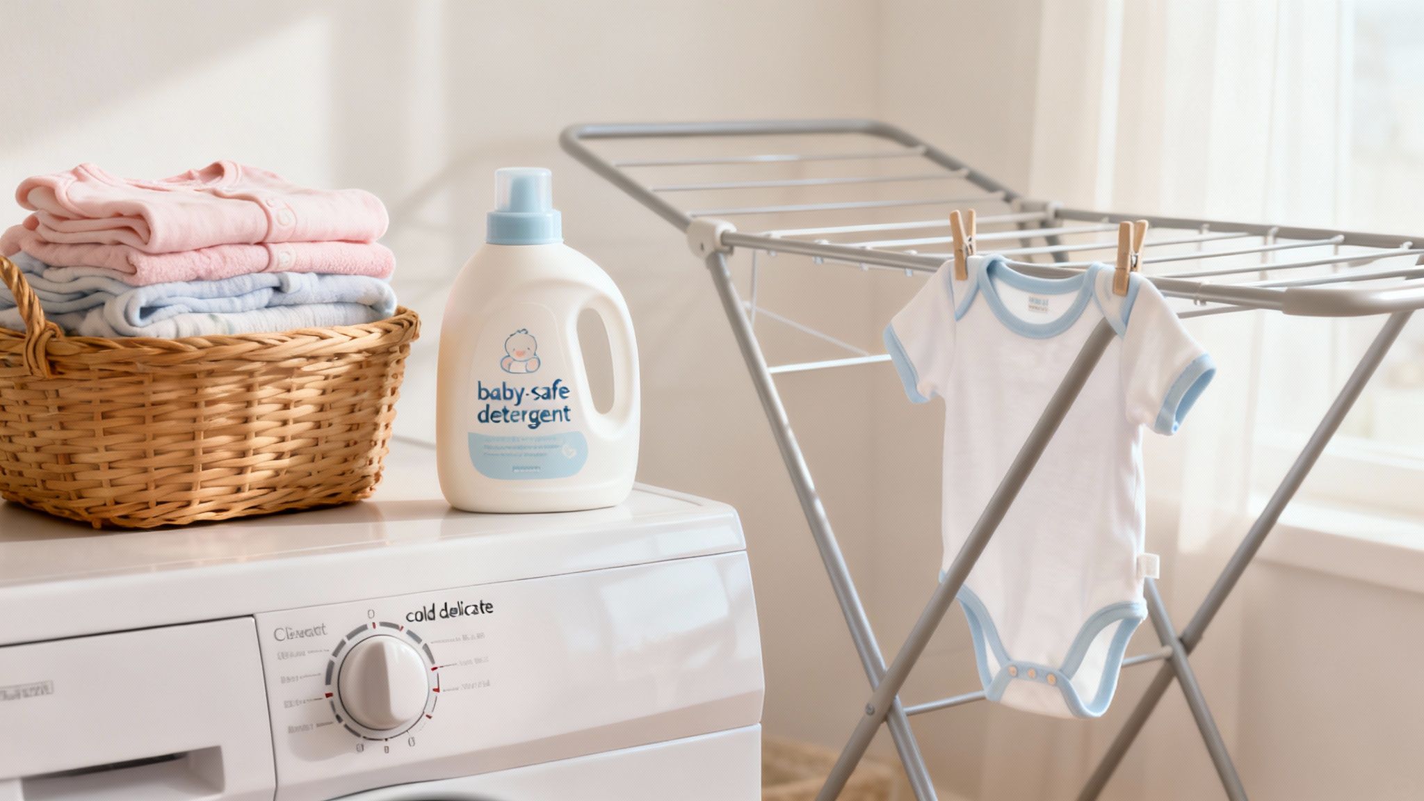 A bottle of baby-safe detergent sits beside a basket of folded baby clothes and a drying bodysuit.