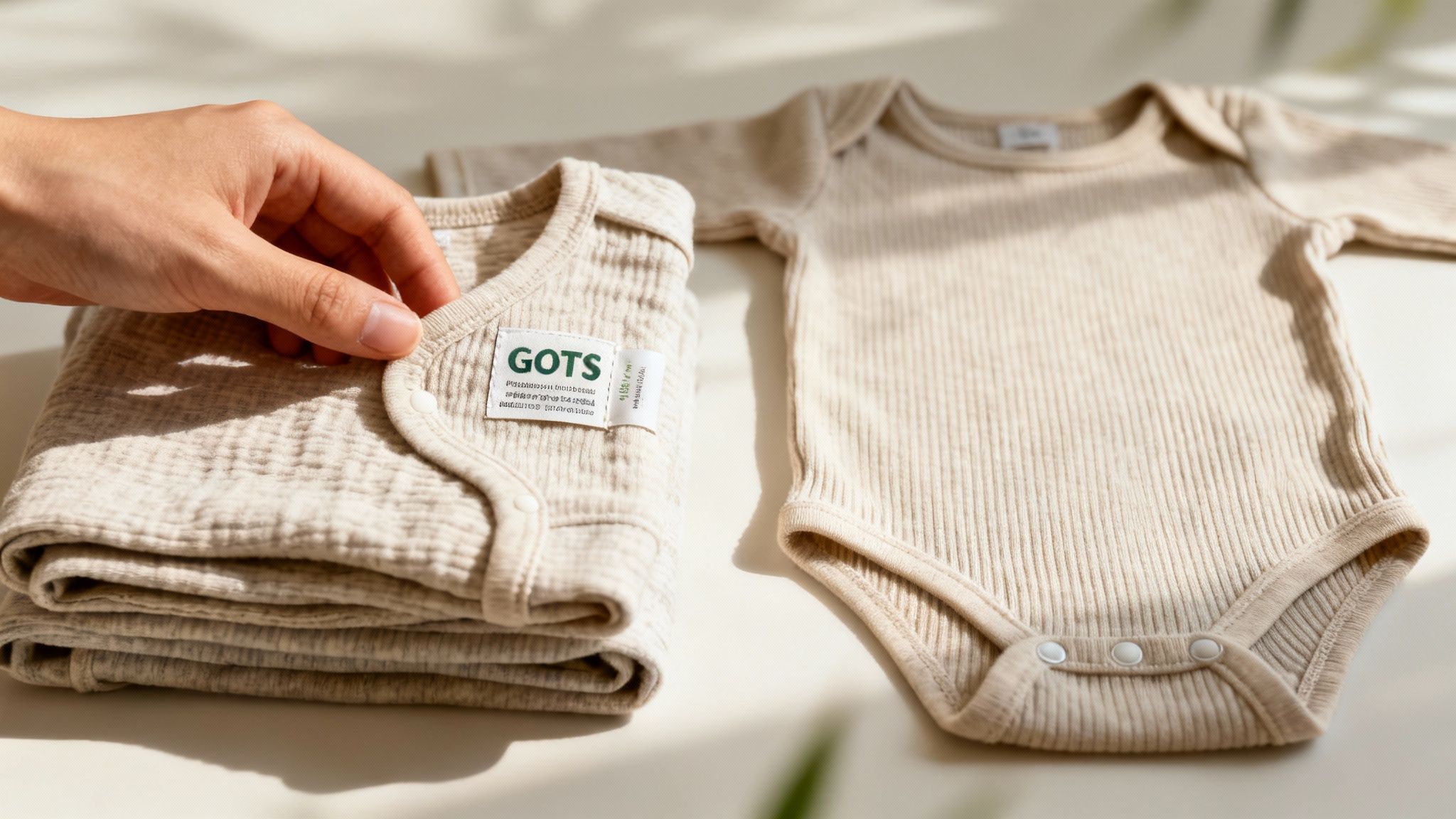 A hand adjusts a folded stack of beige baby bodysuits with a GOTS label, next to another bodysuit.