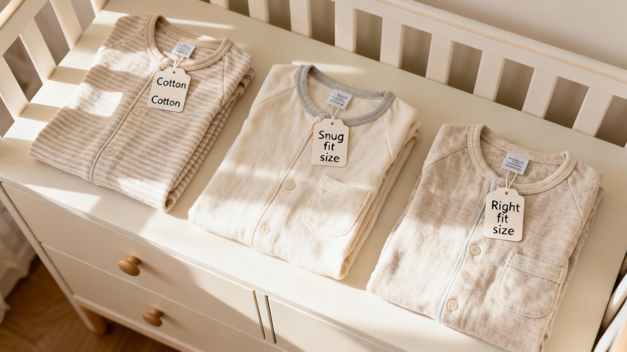 Three folded baby pajamas, also known as sleepers, with descriptive tags on a white dresser.