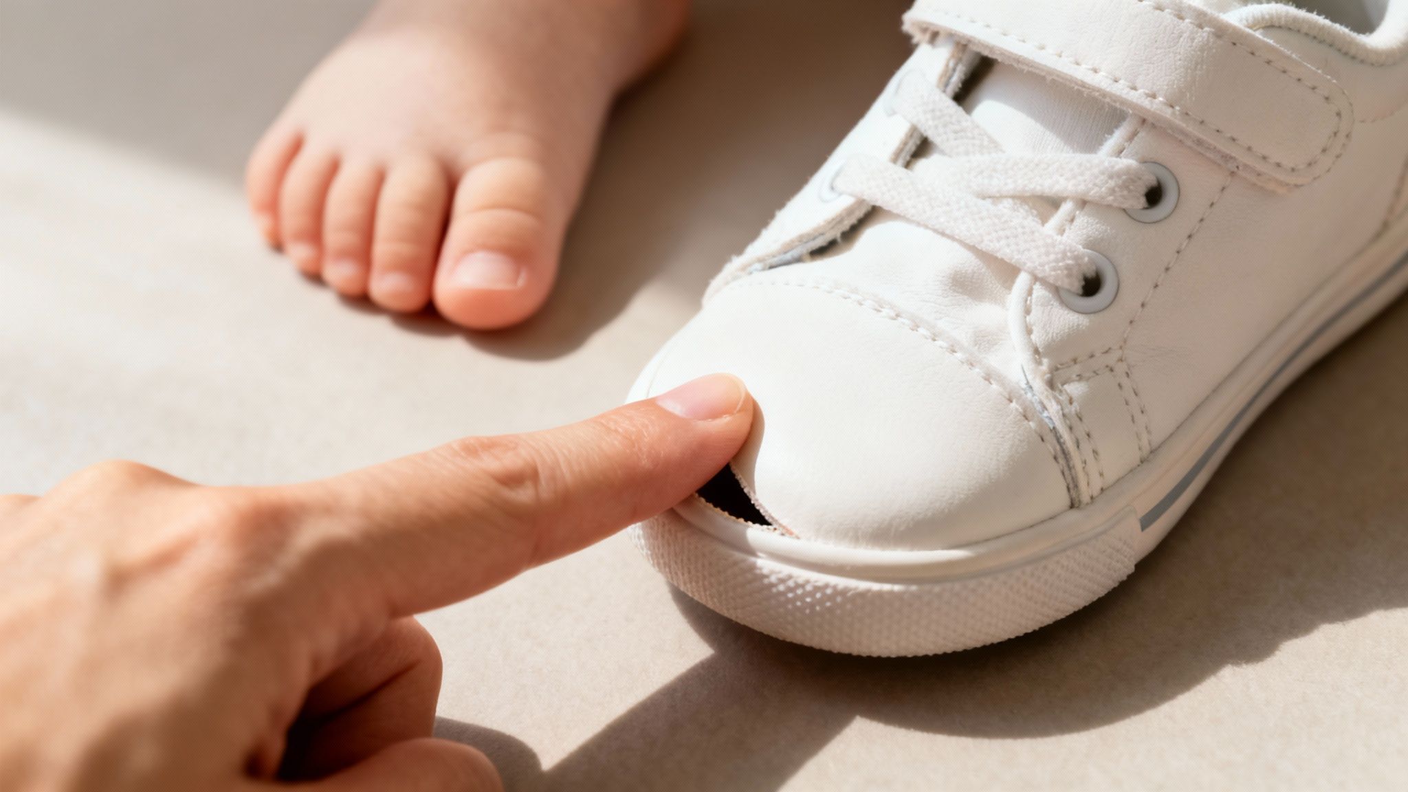 Adult's finger pressing on a white baby shoe, with a child's foot in the background, checking size.