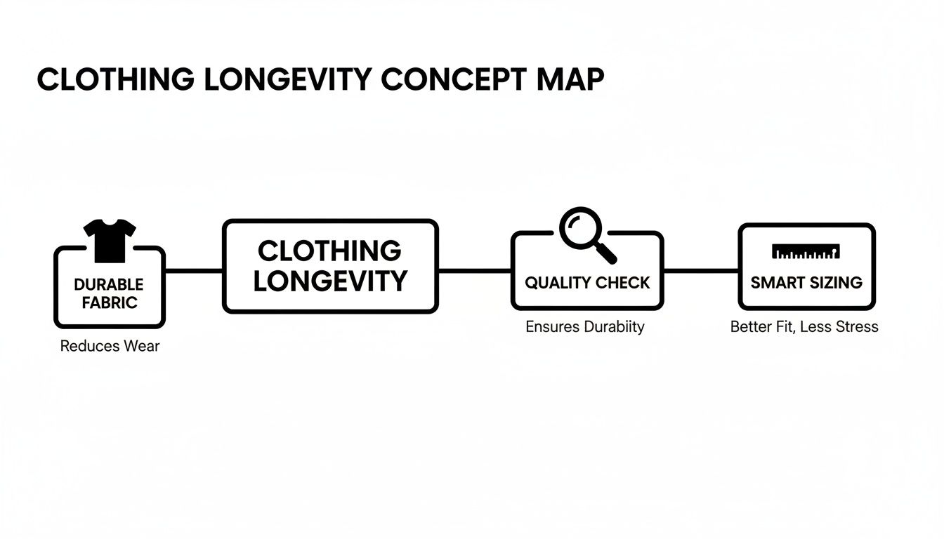 A concept map illustrating clothing longevity through durable fabric, quality checks, and smart sizing.