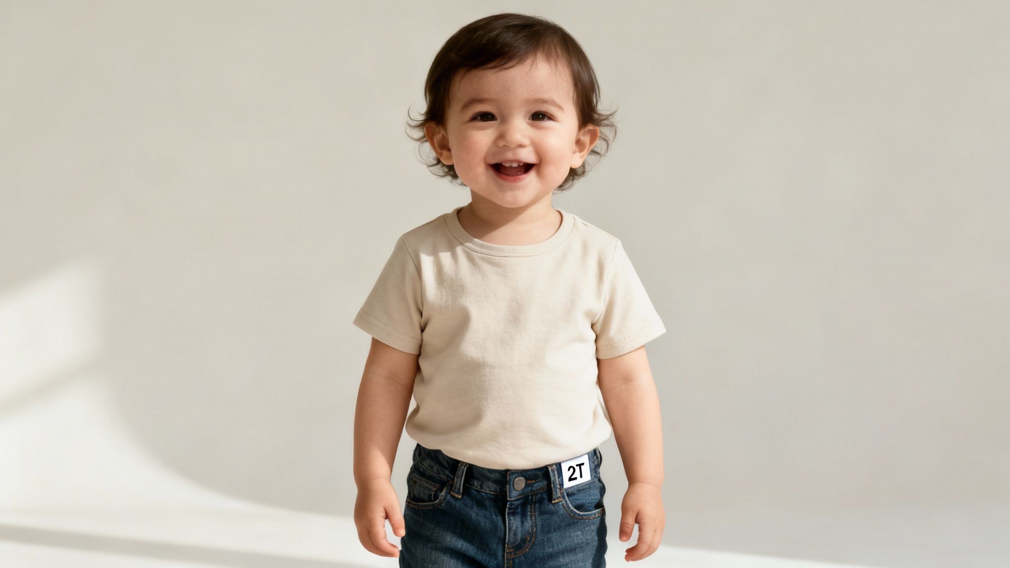 A smiling toddler with dark hair, wearing a beige t-shirt and blue jeans, with a 2T size tag visible.