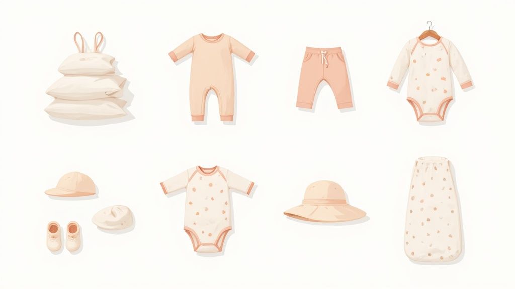 Soft, folded baby clothes in natural fabrics.