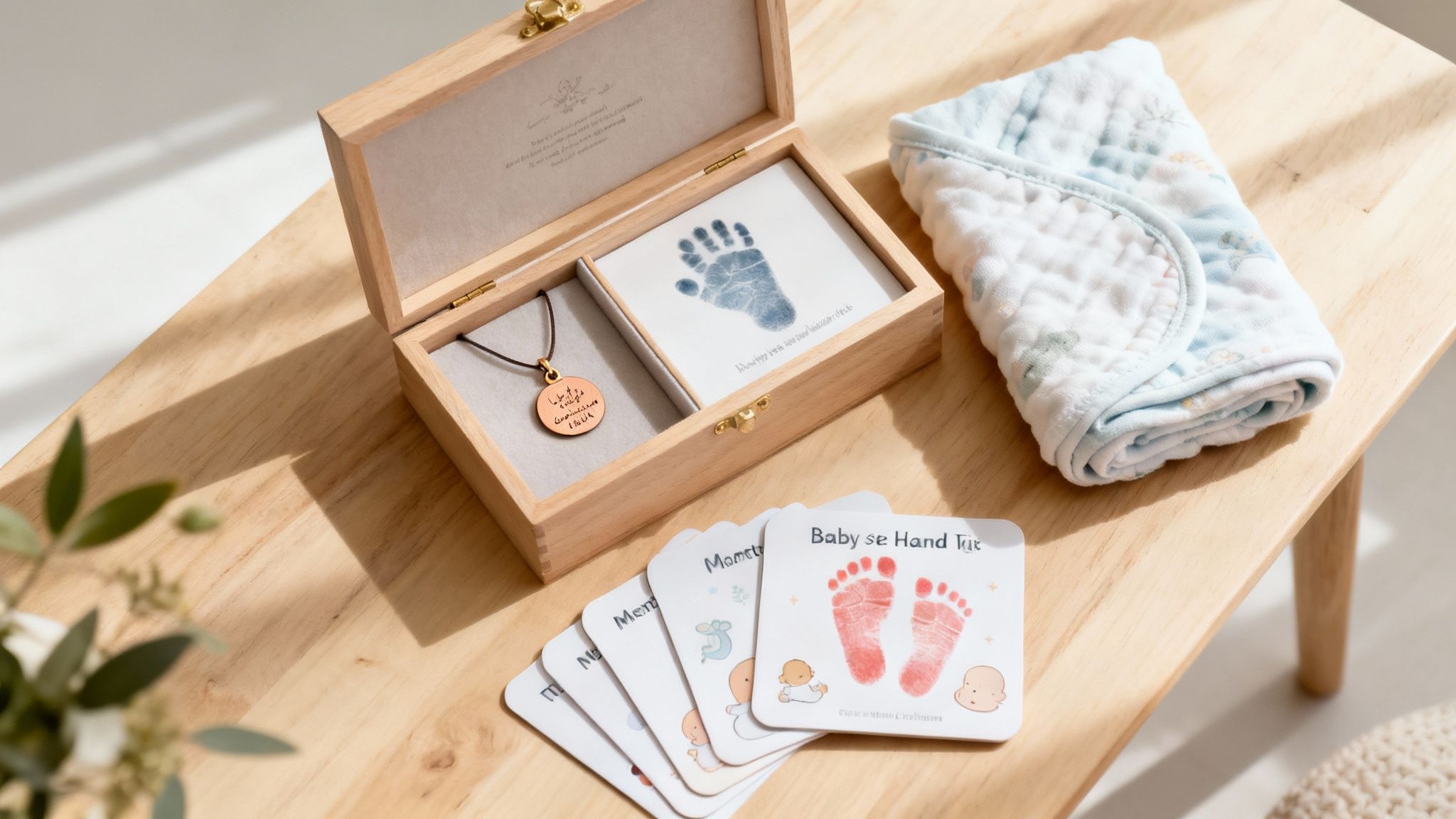 A thoughtful collection of baby keepsakes, including a handprint box, necklace, and milestone cards on a wooden table.