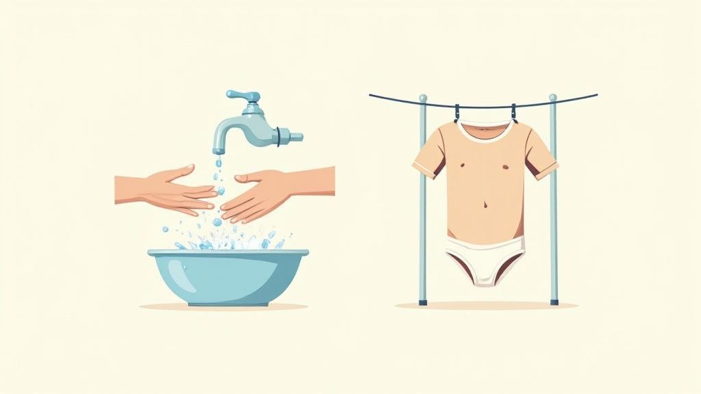 A clean, brightly colored baby one piece swimsuit hanging to dry.