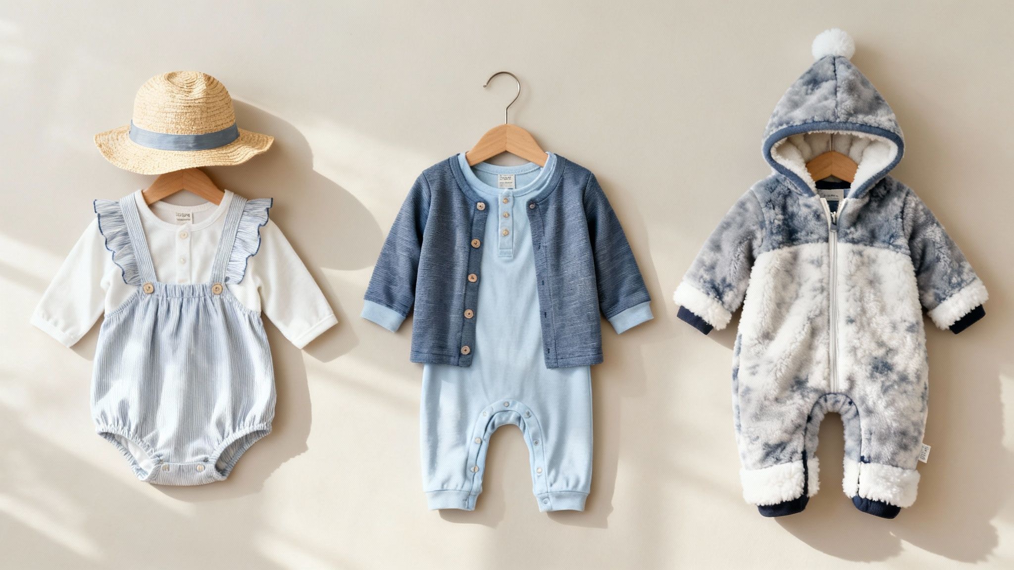 Three sets of adorable baby boy clothes, including rompers, a cardigan, and a cozy snowsuit, on hangers.