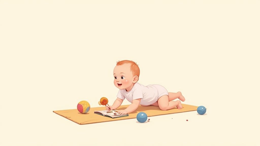 A happy five-month-old baby playing with colorful toys on a play mat
