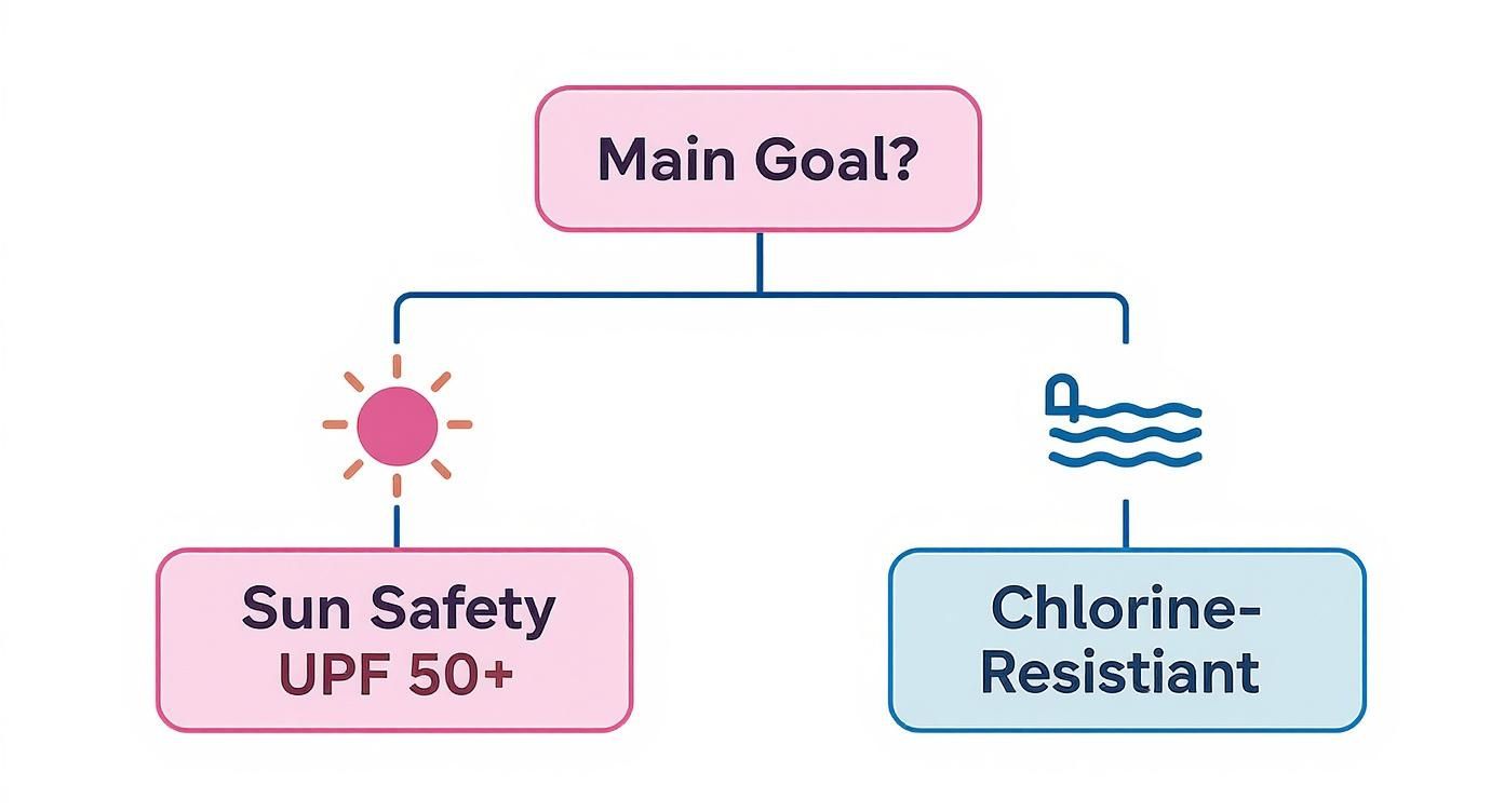 Infographic decision tree for baby swimwear fabric, with branches for 'Sun Safety' leading to 'UPF 50+' and 'Pool Play' leading to 'Chlorine-Resistant'.