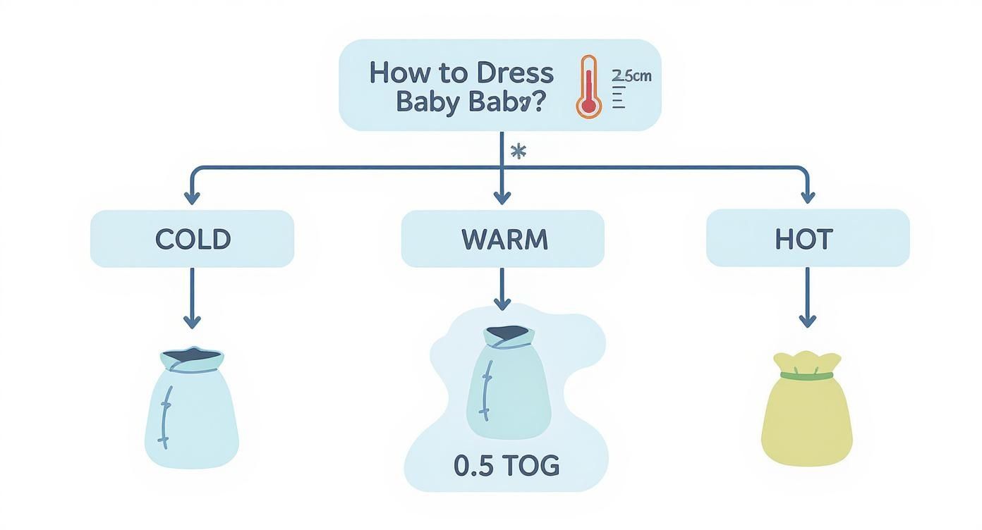 Infographic showing how to dress baby for sleep based on temperature: cold, warm, and hot weather recommendations