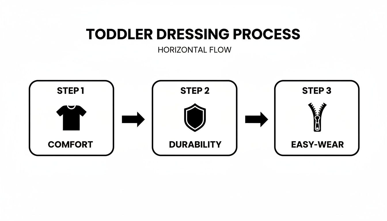 A horizontal flow chart illustrating the toddler dressing process, focusing on comfort, durability, and easy-wear.