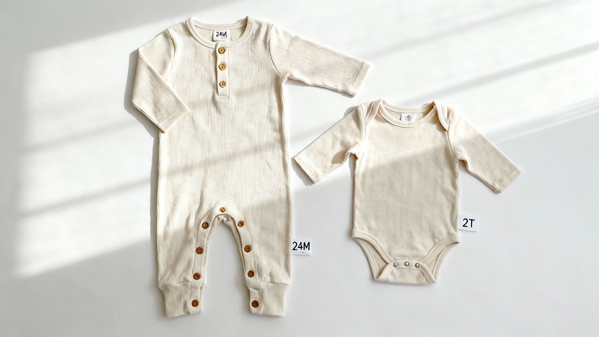 Two cream-colored baby garments, a ribbed button-up romper and a smooth long-sleeve bodysuit.