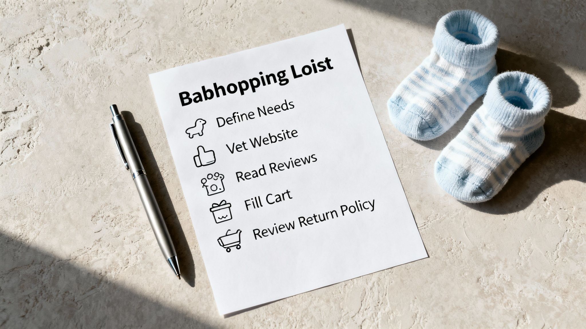 A checklist for baby shopping, a pen, and a pair of blue striped baby socks.