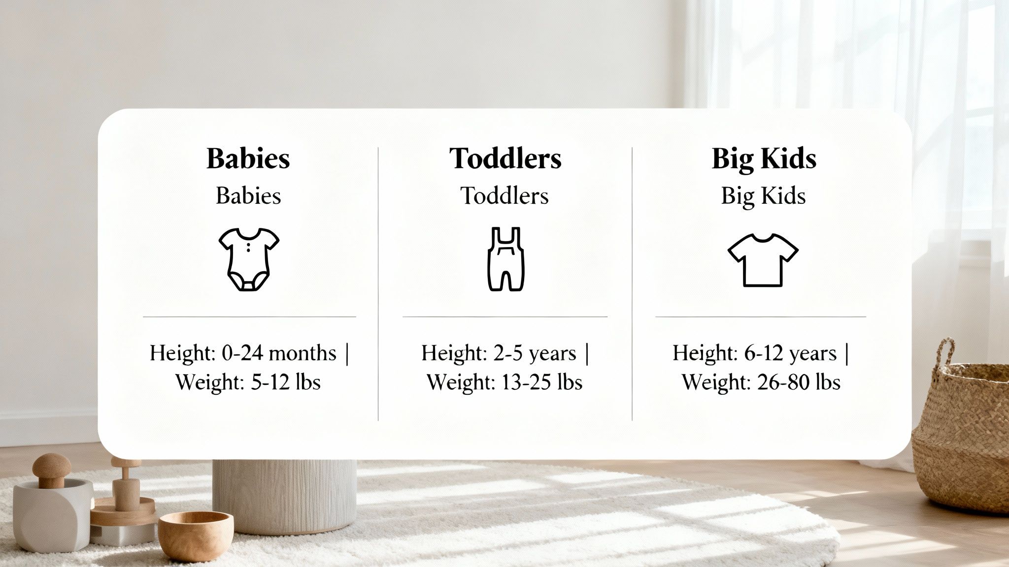 A clear chart showing children's clothing sizes for Babies, Toddlers, and Big Kids, with age, height, and weight.