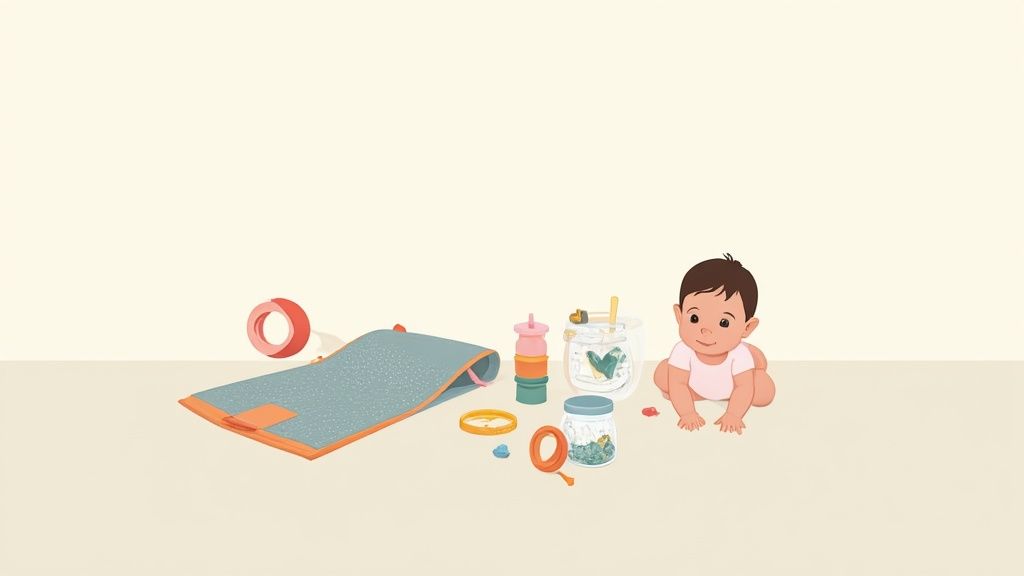 A colorful baby play mat with developmental toys hanging from an arch.