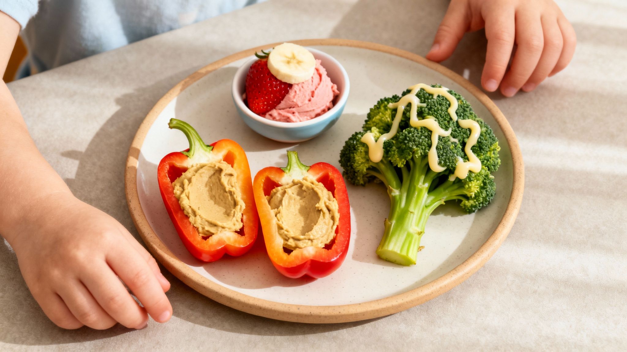 Child's hands holding a plate with bell peppers, hummus, broccoli with sauce, and a fruit bowl.