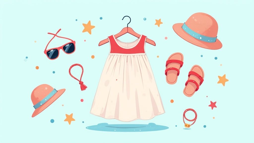 A toddler girl in a patriotic dress, wearing a festive red bow in her hair and smiling.