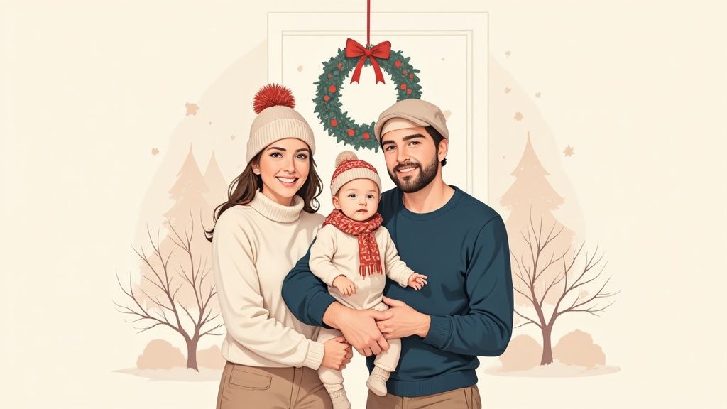 A family wearing coordinated red and white plaid outfits for the holidays, smiling together.