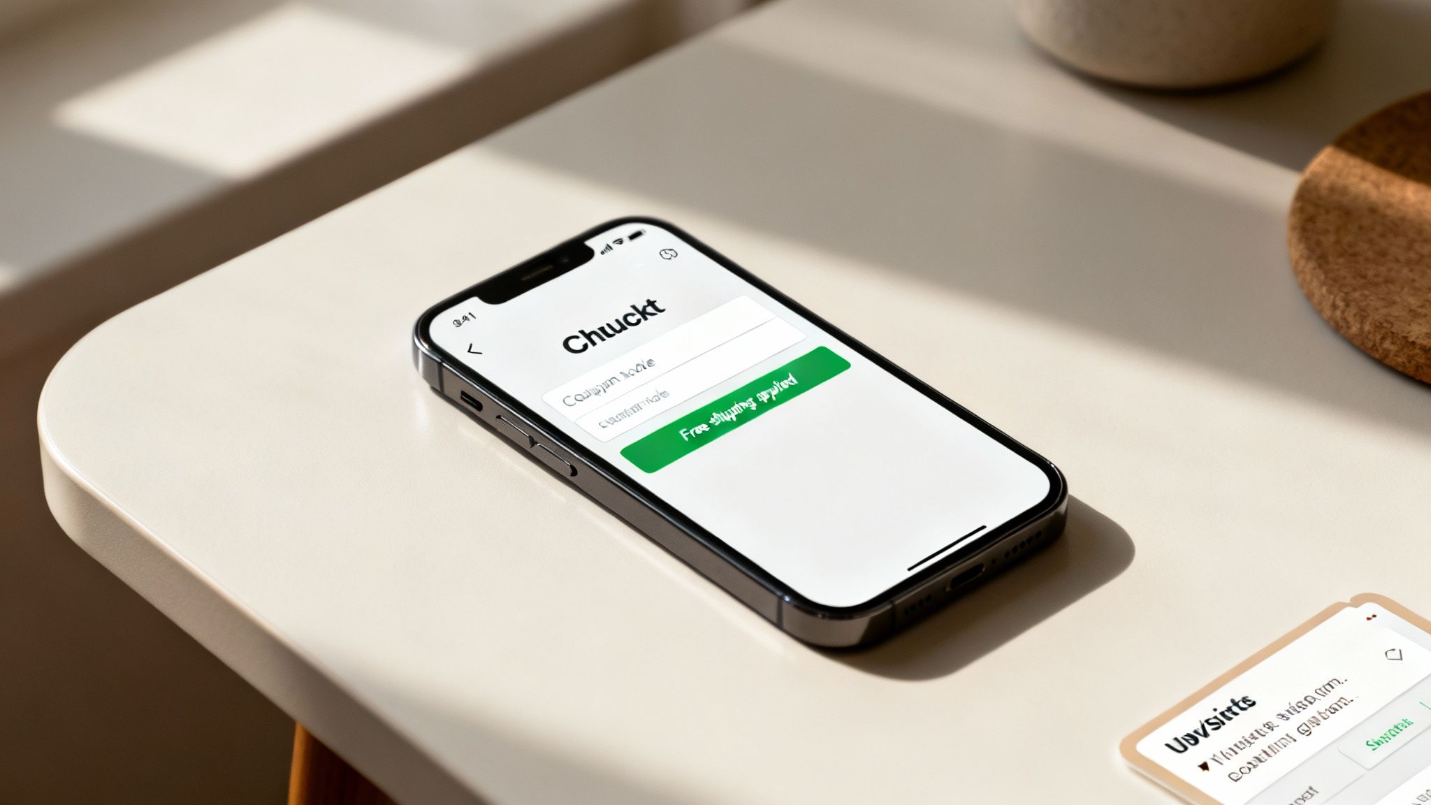 A person's hands holding a smartphone displaying a shopping app with coupon codes