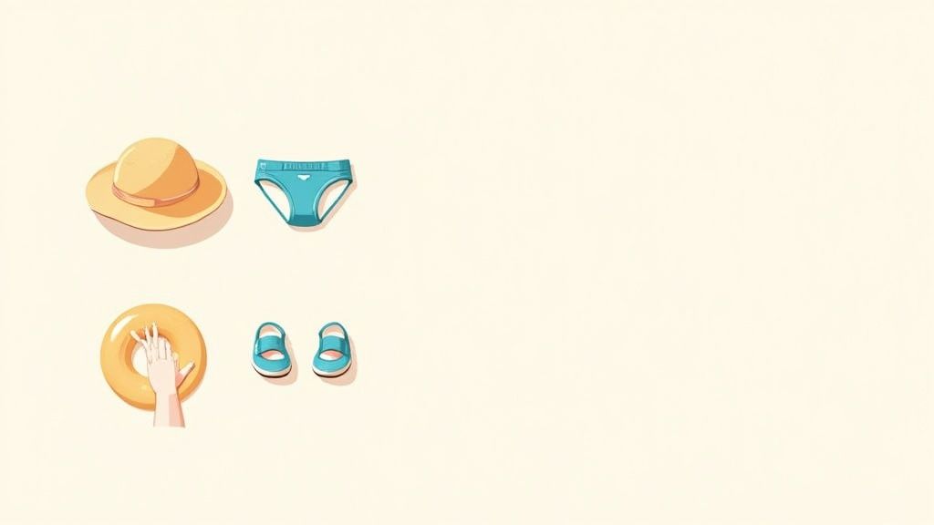 A toddler girl in a swimsuit and sun hat plays with beach toys on the sand.